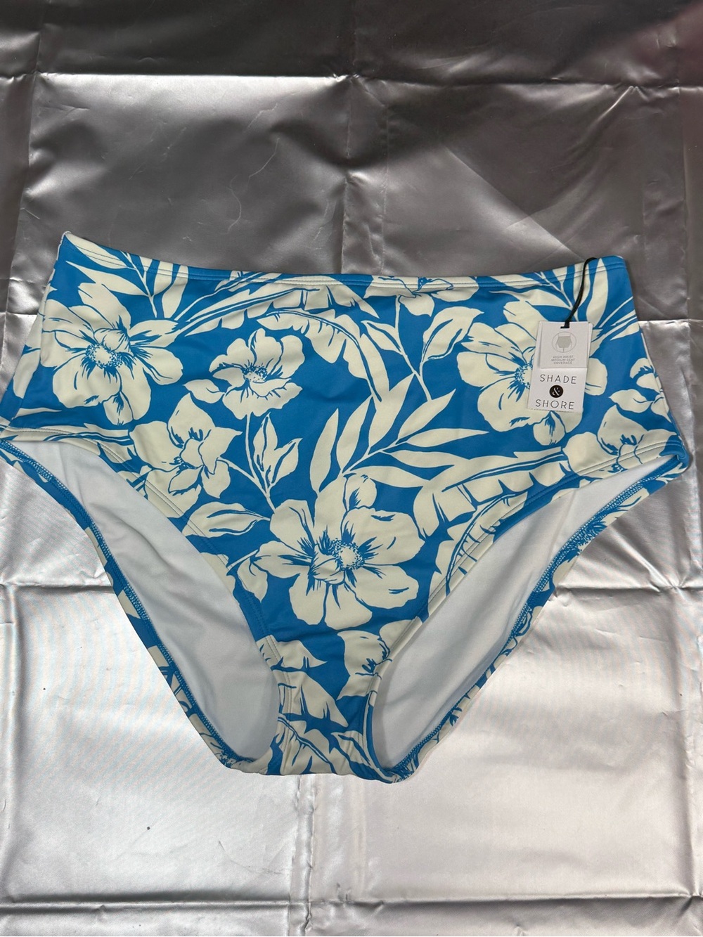 Shade & Shore Turquoise and Cream Floral High-Waist Bikini Bottoms